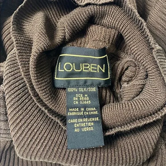 Louben 100% Silk Classic Ribbed Turtleneck Sweater Brown Women's Size M - Picture 5 of 10